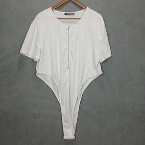 Incerun Bodysuit Womens 3XL White Round Neck Half Zip Down Shoulder